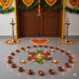 ARTISENIA Diwali Meena Rangoli - Decoración para el piso con forma de Diya, 5 piezas, decoración de mesa, piedras con lentejuelas, decoración tradicional para la puerta del hogar, color rosa