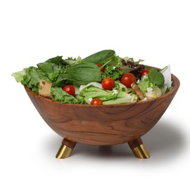 11.8 inch Acacia wood bowl with three Brass legs | 4.4 quarts capacity | Wooden Salad bowl for Salad, Fruit, Rice, Popcorn, pasta | Serving bowl for breakfast, lunch or dinner (Medium)