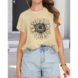 T Shirts for Women Summer Short Sleeve Crewneck Casual Cute Graphic Basic Tees Tops, Sunflower Print Yellow, M