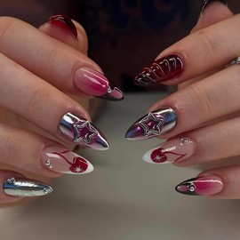 MISUD Press on Nails - Medium Almond Glue on Nails with Goth Red Black, Acrylic Star Cherry Design 24 pcs