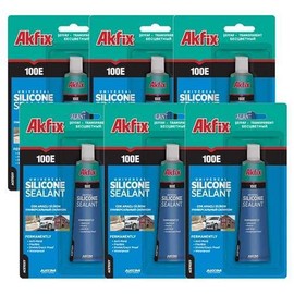 Akfix 100E RTV Tube Silicone Caulk Clear (6x2.7 fl.oz.) - 100% Silicone Sealant Waterproof for Kitchen and Bathroom, Shower, Toilet, Sink, Window and Door, No Discoloring | Clear, 6 Pack, 2.7oz