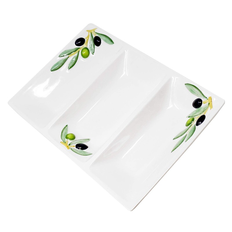 Handmade Italian Ceramic Rectangular Dish in Olive Design, Dreigeteilter/Approx. 31