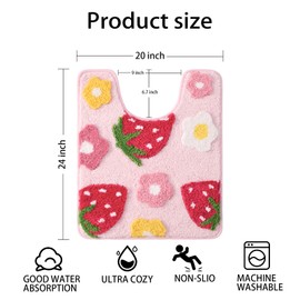 Anybar Pink Toilet Rugs U Shaped, Cute Strawberry Flower Bathroom Contour Toilet Mats,Extra Soft Absorbent Toilet Carpet Bathroom Rugs, Non Slip Bath Mat Washable Bath Rugs for Toilet Base(20x24 inch)