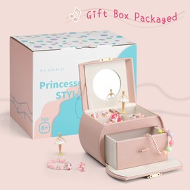 Vlando Kids Musical Jewelry Box for Girls with Drawer, Music Box with Ballerina and Stickers for Birthday Gifts Bedroom Decor, Pink