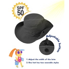 Kids Sun Hat Boy Bucket Hat Wide Brim Breathable UPF 50+ Girl Fishing Hat Summer Beach Hat Safari Hat Grey
