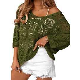 Bluetime Summer Outfits for Women 2024 Knitted Tops 3/4 Sleeve Sweaters Dressy Casual Crochet Pullover Sweater (XL, Army Green)