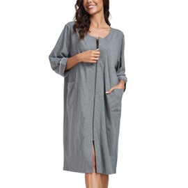 COLORFULLEAF Women's Bathrobe with Zip Lightweight Dressing Gown 100% Cotton House Coat 3/4 Sleeve Nightdress with Pockets, darkgray