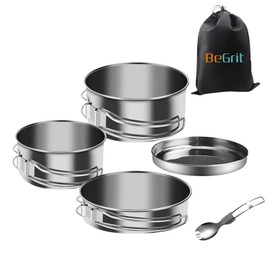BeGrit Camping Tableware Set 1 Person Foldable Camping Pot Outdoor Cookware for Open Fire Stainless Steel Camping Cooking Set for Outdoor Picnic Camping Hiking Fishing