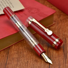 Jinhao 1935 Tiandao Fountain Pen, Size 8 Fine Nib, Red and Transparent Acrylic with Converter and Guitar Clip