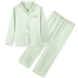 Umeyda Girls Satin Pajamas Set, Long Sleeve 2 Piece Set Button Down Sleepwear Loungewear for Kids, Light Green, 9-10 Years = Tag 150