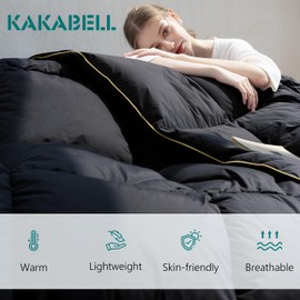 KAKABELL Goose Down Feathers Comforter Queen Size All Season-Ultra Soft and Cozy Noiseless Duvet Insert with 100% Egyptian Cotton Cover,Fluffy Warm Comforter Insert(Black,90"X90")