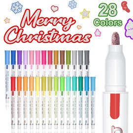 Shuttle Art Double Line Outline Pens, Shimmer Markers Set of 28 Colours Self Outline Metallic Marker Pens for Art, Drawing, Doodling, Card Making, Christmas Greeting Card, DIY Crafts