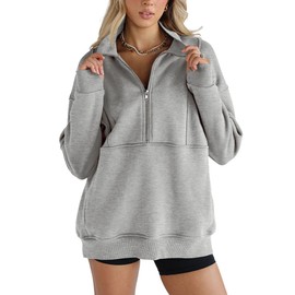 Women's Half Zip Sweatshirts Fleece Stand Collar Long Sleeve Thumb Hole Oversized Pullovers with Pockets Grey