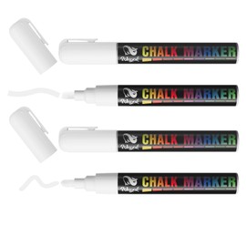 WISYOK White Chalk Pen, 4 Chalk Markers, White Wall Pens, Flip Chart Pens, Foil Pen, Water Soluble, Chalk Pens for Blackboard, Washable, Whiteboard Marker, White, 6 mm Reversible Tip