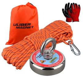 ULIBERMAG Strong Neodymium Magnets 180kg with 20m Nylon Rope and Non-Slip Gloves for Magnetic Fishing, Recycling, Treasure Hunting in River, Lake.