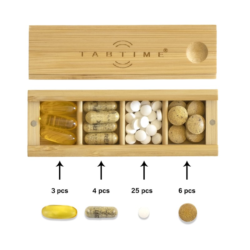 TabTime Bamboo Small Daily Pill Box, 4 Compartment Tablet Organiser,