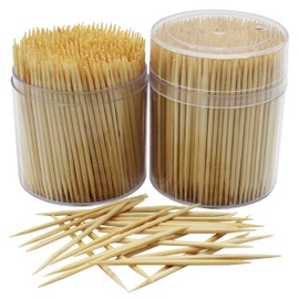 MontoPack Bamboo Wooden Toothpicks | 1000-Piece Large Wood Round Toothpicks in Clear Plastic Storage Box | Sturdy Safe Double Sided Party, Appetizer, Olive, Barbecue, Fruit, Teeth Cleaning Toothpicks