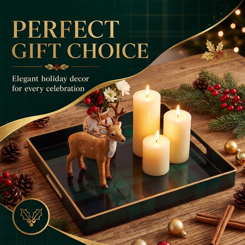Nuanchu Tartan Christmas Serving Tray, Square Decorative Coffee Table Tray