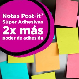 Post-it Notas Súper Adhesivas, Doble poder de adhesión, Colores Neón, 7.6cm x 7.6 cm, 4 pads, 45 hojas por pad