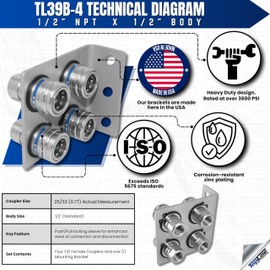 1/2" Body 1/2" NPT AG Thread | Agricultural Couplers Hydraulic Quick Connect with Break Away Mounting Bracket | ISO 5675 | Skid Steer Bobcat Attachment | Push/Pull Heavy-Duty Coupling | Model TL39B-4
