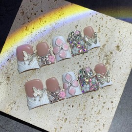 Duck Shaped Press on Nails 3D Flower Colorful Rhinestone and Butterfly Embossed Design Thick Acrylic and Muti-Layer Gel Handmade Press on Nails White French Tip Thick Acrylic Nails for Women (Size M)