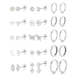 LOLIAS Silver Flat Back Earrings - Hypoallergenic Surgical Stainless Steel Stud Hoop Earrings for Women Men Small Huggie Hoops Cartilage Earring Set age：over 4 years old