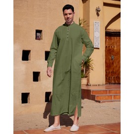 YAOHUOLE Mens Casual Muslim Thobe Ethnic Kaftan Robes Ayaba Jubba for Men with Pocket Army Green M