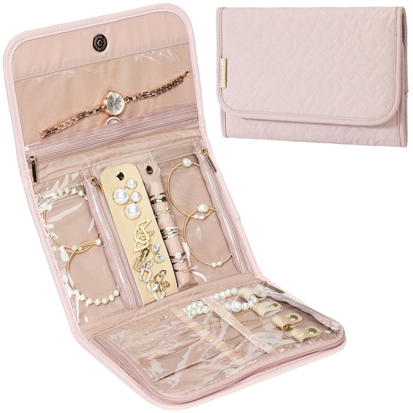NISHEL Travel Jewelry Organizer Roll, Transparent Foldable Case for Necklaces, Earrings, Rings, Bracelets, Watch, Pink