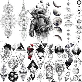 6 Sheets NEZAR Black Outer Space Boys Temporary Tattoos For Kids Child Geometric Planets 3D Star Moon Bracelet Waterproof Forearm Small Face Hands Fake Tattoos Temporary Mountain Line Art Tatoos Girls