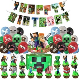 Gaming Birthday Party Decorations Supplies Include Happy Birthday Banners, Cupcake Toppers, Balloons for Boys Miner Game Party Decor