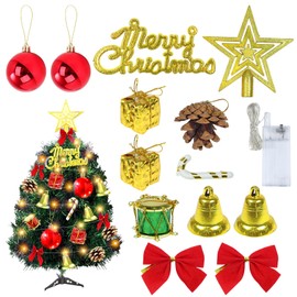 14 Stück Mini Weihnachten Dekoration, DIY Weihnachtlicher Baumschmuck, Mini Weihnachtsbaum Deko Gehören LED-Leuchten, Wipfelsterne, Glöckchen, Kleine Geschenkboxen, für Tür, Fenster, Tannenbaum Deko