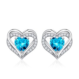 Iefil Earrings for Women Teen Girls, 925 Sterling Silver November Birthstone Blue Topaz Heart Stud Earrings for Girls Mothers Day Anniversary Valentines Day Birthday Gifts for Daughter Wife Jewelry