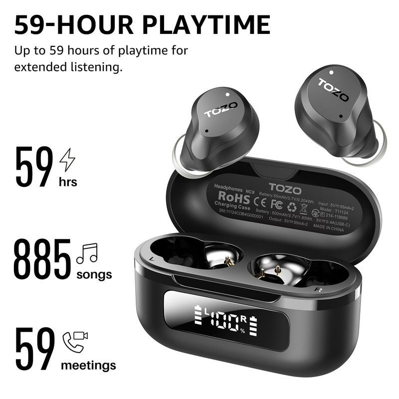 TOZO Hybrid Active Noise Cancelling Wireless Earbuds, 6 Mics ENC