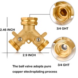 YELUN Garden Hose Splitter, 2 Way Connector Heavy Duty Brass,Garden Faucet,Splitter for Outdoor Faucet,Hose y Splitter, Hose Bib Splitter, Adapter with Comfortable Grip Shut Off Valves 1Pcs