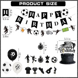 Footbal Themed Birthday Party Decorations - 33 Pcs Black And White Decoration Including Happy Birthday Banner Champion Trophy Cupcake Topper Soccer Latex Balloons for Sports Party Supplies Boys Girls