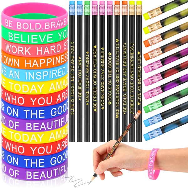Tenceur 80 Pcs Inspirational Pencils Motivational Silicone Bracelets Set Color