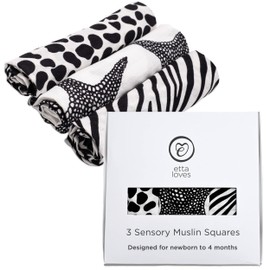 Etta Loves Animal Print Muslin Cloths, Black and White Baby Sensory Muslin Cloths, Baby Essentials For Newborn to 4-Month-Old Babies (3-PACK)
