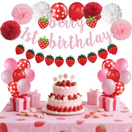 JCitimix Strawberry 1st Birthday Decorations, Red Pink White Pom Poms Berry 1st One Birthday Banner Balloons for Baby Shower Décor Supplies Girls