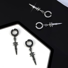 No Piercing Clip On Black Punk Sword Dangle Drop Small Hoop Earrings for Men Women Pierced Punk Kpop Religious Christian Hypoallergenic Stainless Steel Hanging Cool Birthday Bff Jewelry Gift (Black)