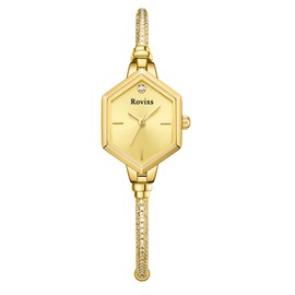Rovixs Delicate Crystal Bracelet Watch for Her, 3ATM Water-Resistant Analog Timepiece, Anniversary Present for Wife/Daughter/Mom (Gold, Hexagonal)