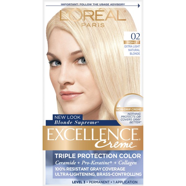 L'Oreal Paris Excellence Creme Permanent Hair Color, 02 Extra Light Natural Blonde, 100 percent Gray Coverage Hair Dye, Pack of 1