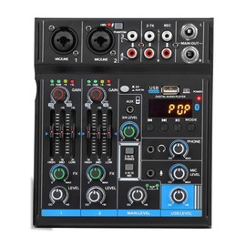 Portable Mini Mixer 4 Channel Audio DJ Console Sound Card, USB, 48V Phantom Power for PC Recording Webcast Party - Depusheng M4, Black