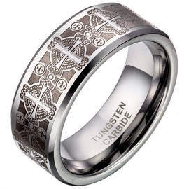 JewelryWe 8mm Triton Men's Tungsten Carbide Engagement Ring Comfort Fit Laser Etched Cross Wedding Band: UK Size - P