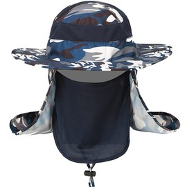 Fishing Hat for Men & Women, Outdoor UV Sun Protection Wide Brim Hat with Face Cover & Neck Flap (Camo Blue)