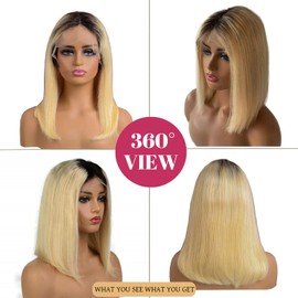 Belaved Ombre Blonde Bob Wigs Human Hair 13x6 Lace Front Short Wig Real Human Hair Glueless1B613 Blonde Dark with Roots 8 Inch Straight Middle Part for Women Pre Plucked 180% Density