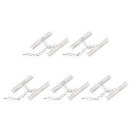 sourcing map 10Set Ribbon Crimp Clamp Ends with Lobster Claw Clasps & Extension Chain, 40mm Cord End Clasps for DIY Craft Making, Silver White