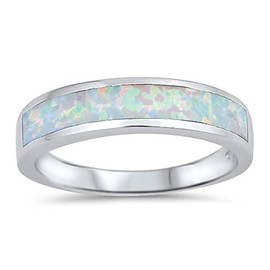Long Stripe White Simulated Opal Wedding Ring New .925 Sterling Silver Band Size 11