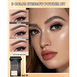 Eyebrow Powder Makeup Kit, 3 in 1 Eyebrow Kit, Brow Powder Palette Waterproof Long-Lasting, Black Brown White Brow Filler, Fill & Sculpt Full Eyebrow Kit for Women, With Mirror,Brush & Razor Set 01