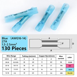 130 Pieces Heat Shrink Butt Connectors Kit, 16-14 AWG Blue Insulated Waterproof Electrical Wire Connectors Automotive Wire Crimp Terminals Butt Splices