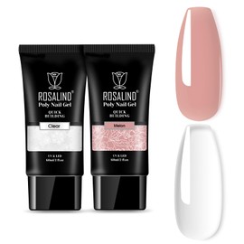 ROSALIND Clear Nude Pink Acrylic Poly Extension Gel, 2 PCS 60ml Clear Poly Nail Gel kit Nail Builder for Clear Nail Art Decoration, Nail Thickening Poly Nail Gel Tube Easy to DIY Use Need UV Lamp